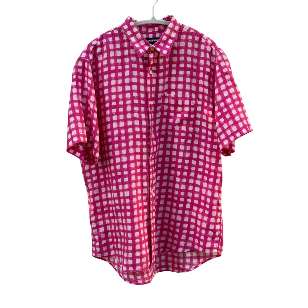 Lands End Button Down Shirt Mens M Pink Excellent 100% Linen Short Sleeve Shirt